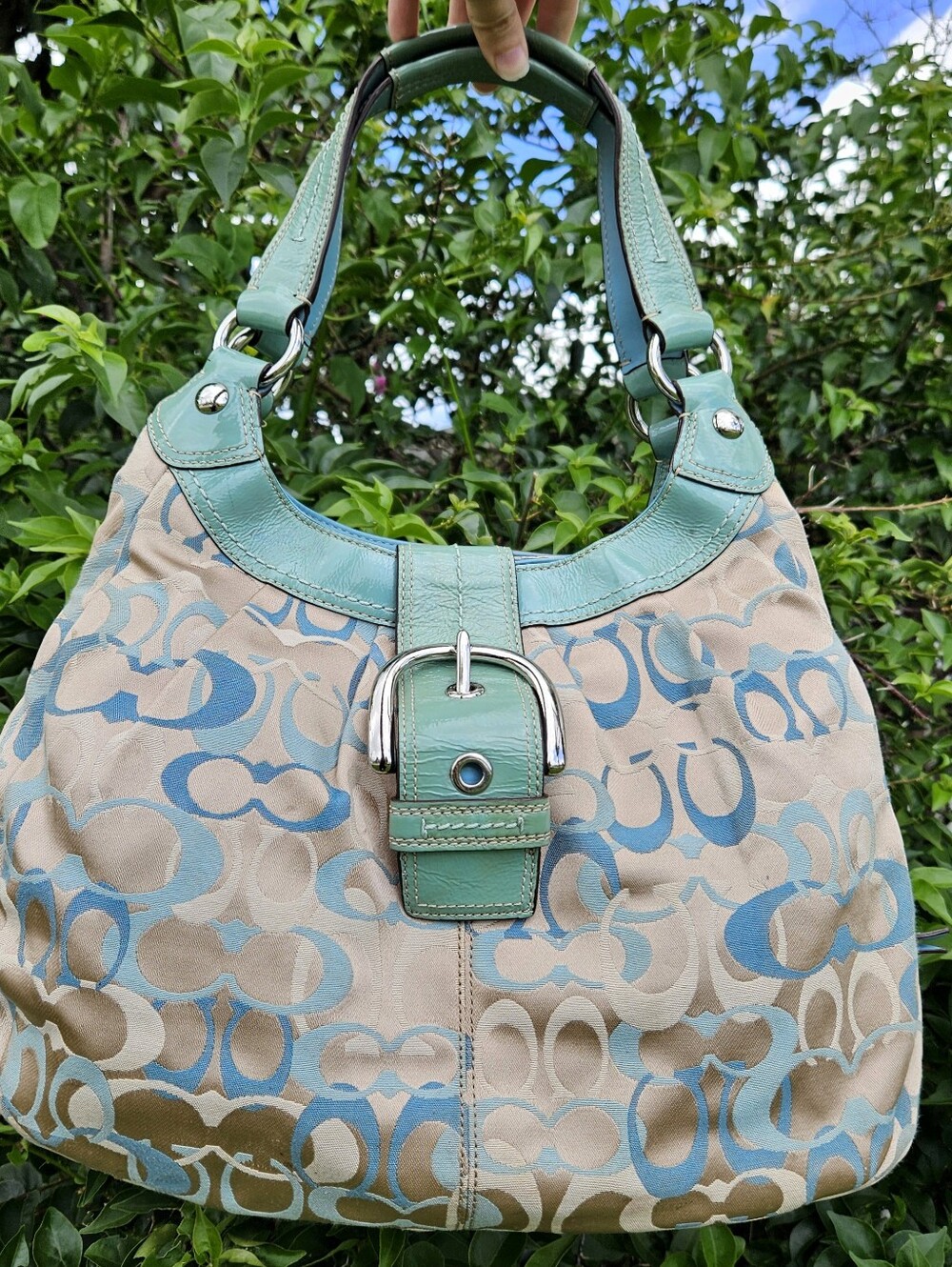 Coach Soho Lynn Hobo F15681 Blue Optic Signature Patent Leather Y2K